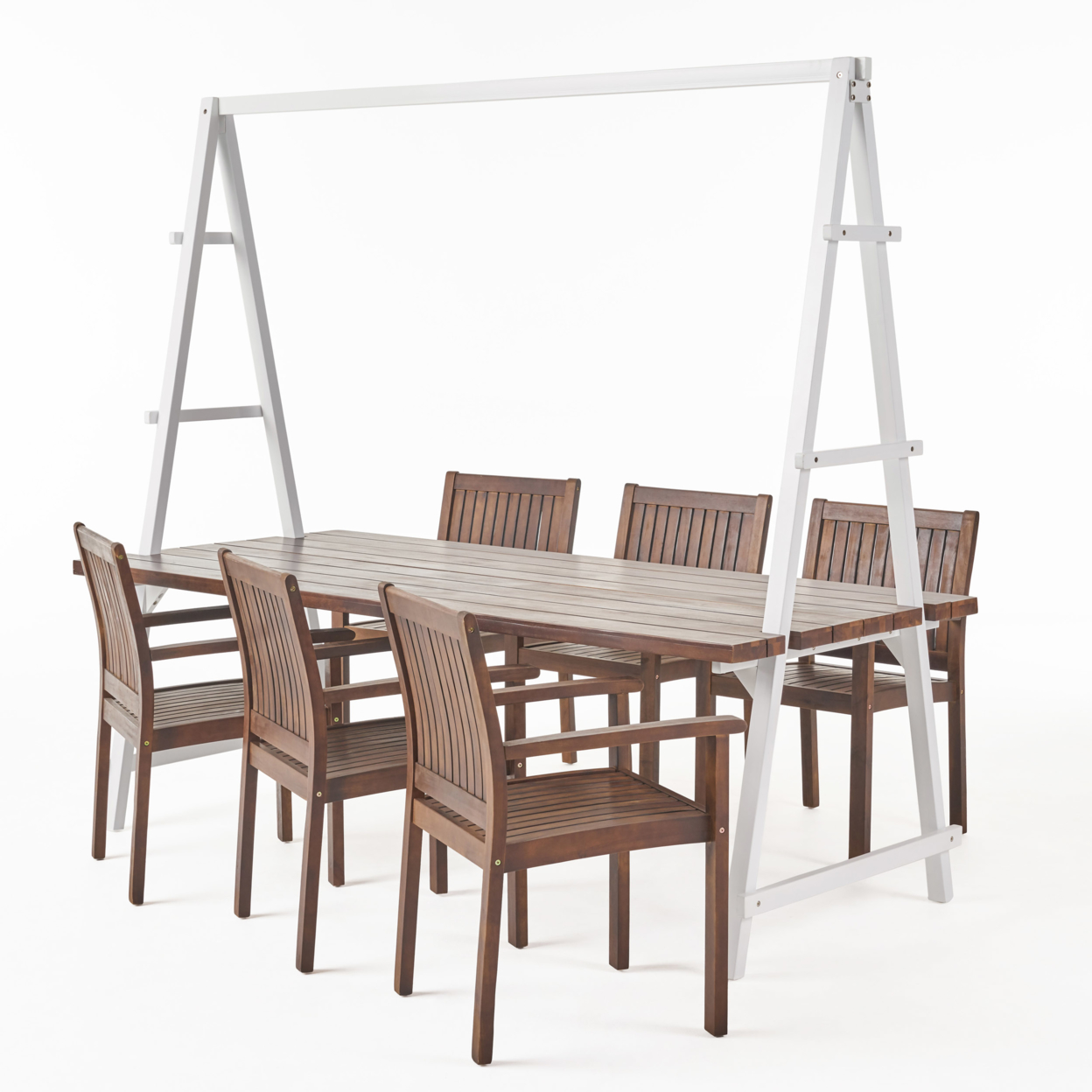 Chloe Outdoor 6 Seater Acacia Wood And Iron Planter Dining Set - Dark Brown, White
