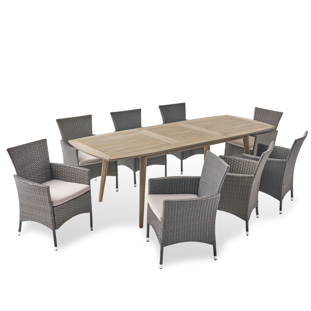 Stefan Outdoor Wood And Wicker Expandable 8 Seater Dining Set - Gray, Light Gray