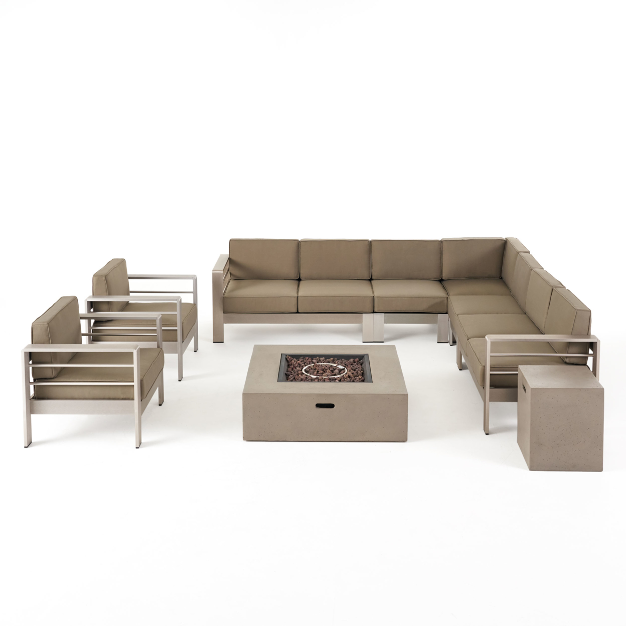Anna Outdoor 9 Seater Aluminum L-Shaped Sofa Sectional And Fire Pit Set