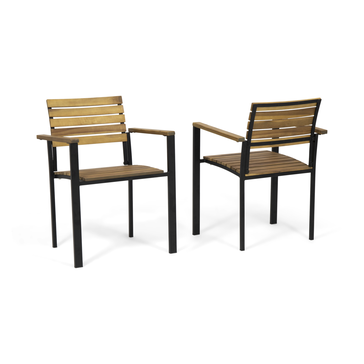 Alberta Outdoor Wood And Iron Dining Chairs (Set Of 2) - Teak Finish, Black