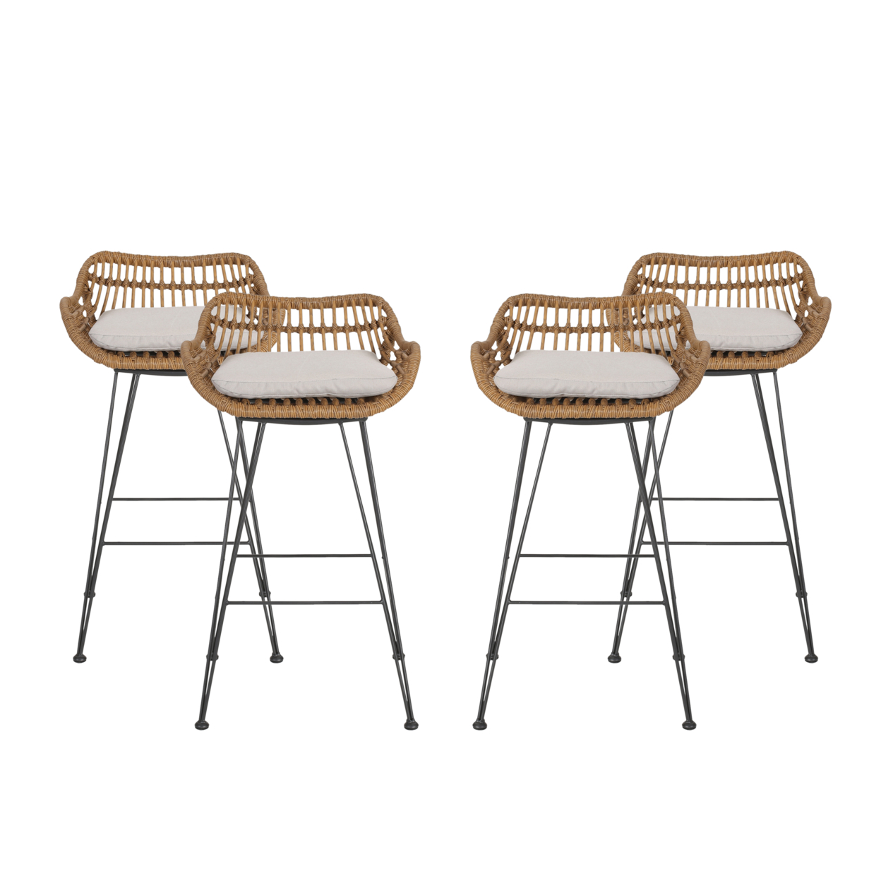 Candance Outdoor Wicker Barstools With Cushions (Set Of 4) - Light Brown, Black, Beige