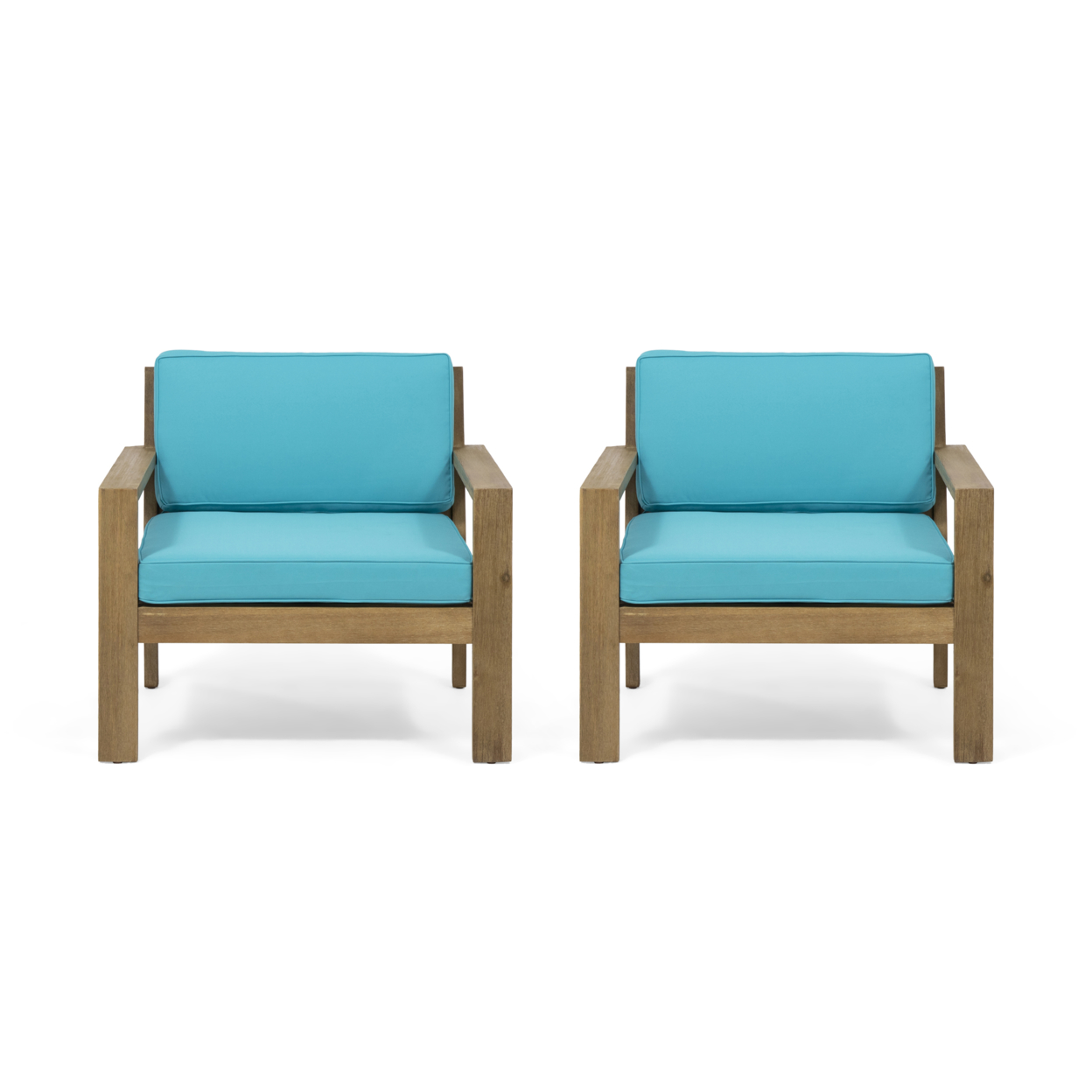 Miranda Outdoor Acacia Wood Club Chairs With Cushions (Set Of 2) - Brushed Light Brown Finish, Teal