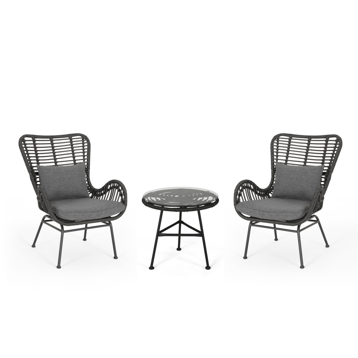 Naomi Outdoor 3 Piece Wicker Chat Set With Cushions - Gray, Black, Dark Gray
