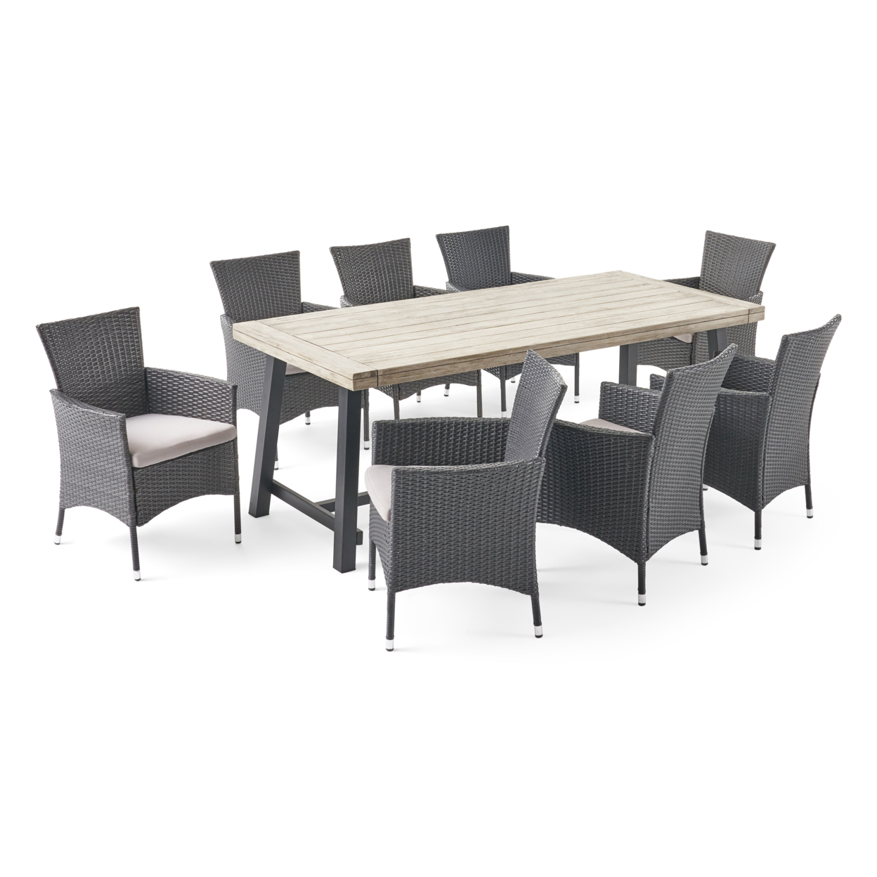 Mayson Outdoor Wood And Wicker 8 Seater Dining Set - Gray, Black, Light Gray