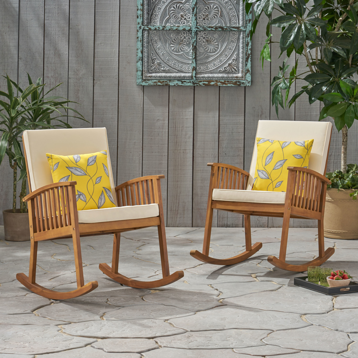 Audrey Outdoor Acacia Wood Rocking Chairs (Set Of 2) - Light Gray Finish, Dark Gray