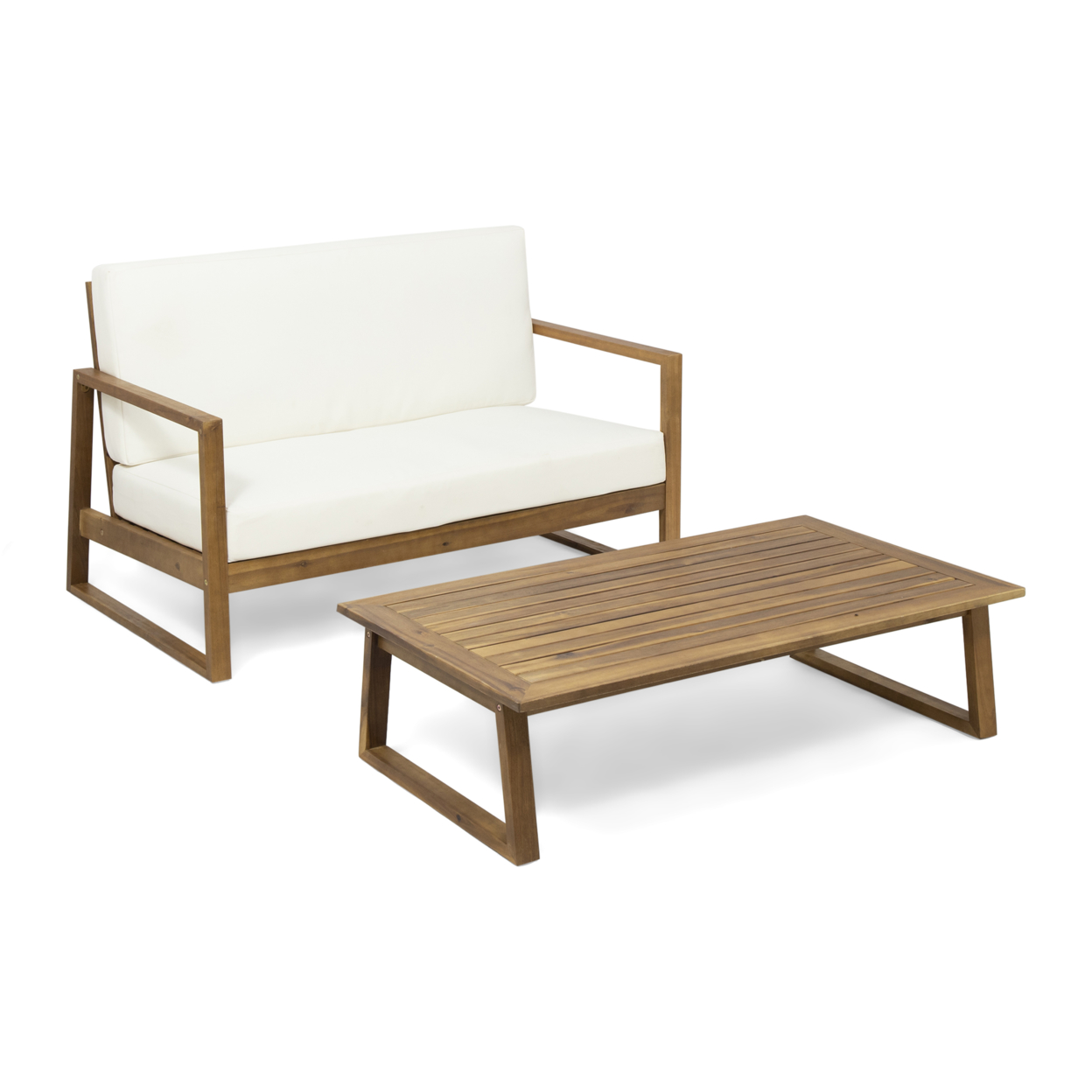 Angelia Outdoor Acacia Wood Chat Set With Coffee Table - Teak Finish, Beige