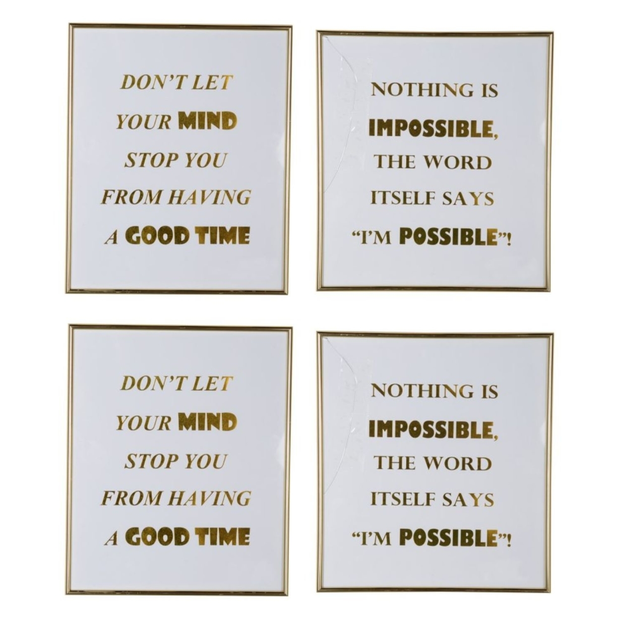 Modern Mindful Sayings Wall Art In Plastic Frame, Large, Set Of Four, White And Gold- Saltoro Sherpi