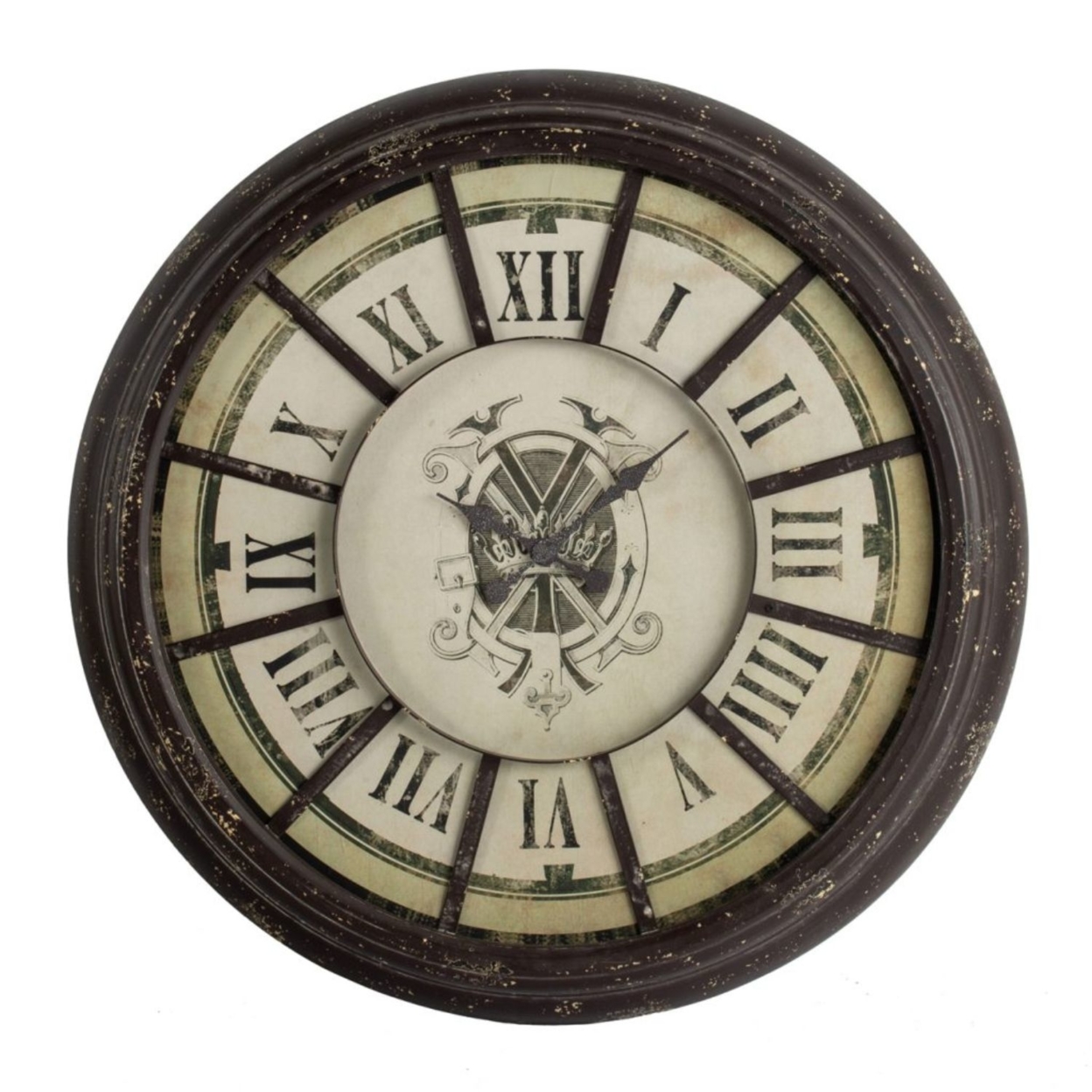 Oversized Wood And Metal Wall Clock With Distressed Details, Antique Gray And Cream- Saltoro Sherpi