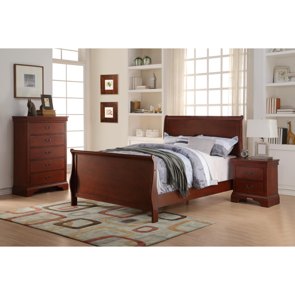 Clean And Convenient Full Wooden Bed, Cherry Finish- Saltoro Sherpi