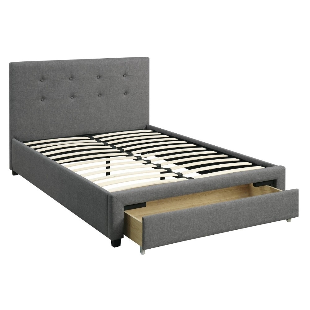 Upholstered Wooden Queen Bed With Button Tufted Headboard & Lower Storage Drawer Gray- Saltoro Sherpi