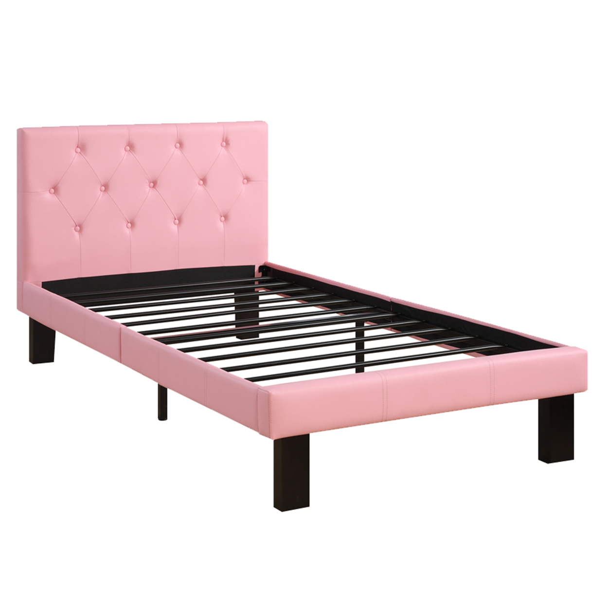 Faux Leather Upholstered Twin Size Bed With Tufted Headboard Pink- Saltoro Sherpi