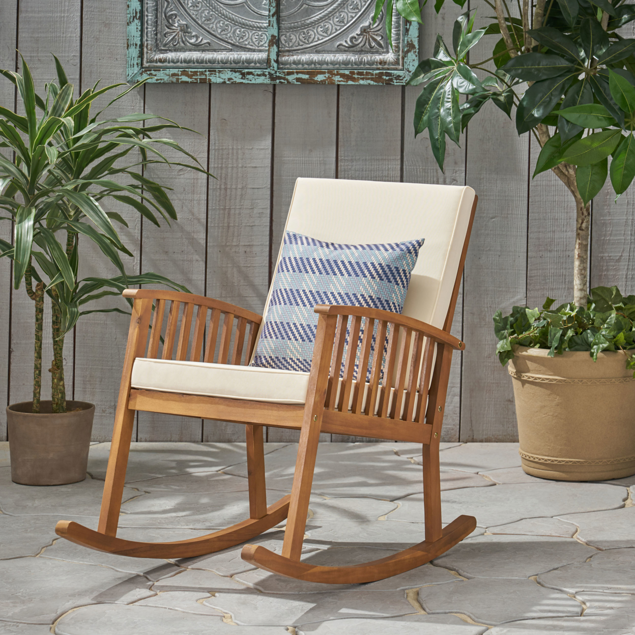 Beulah Outdoor Acacia Wood Rocking Chair - Light Gray Finish, Dark Gray