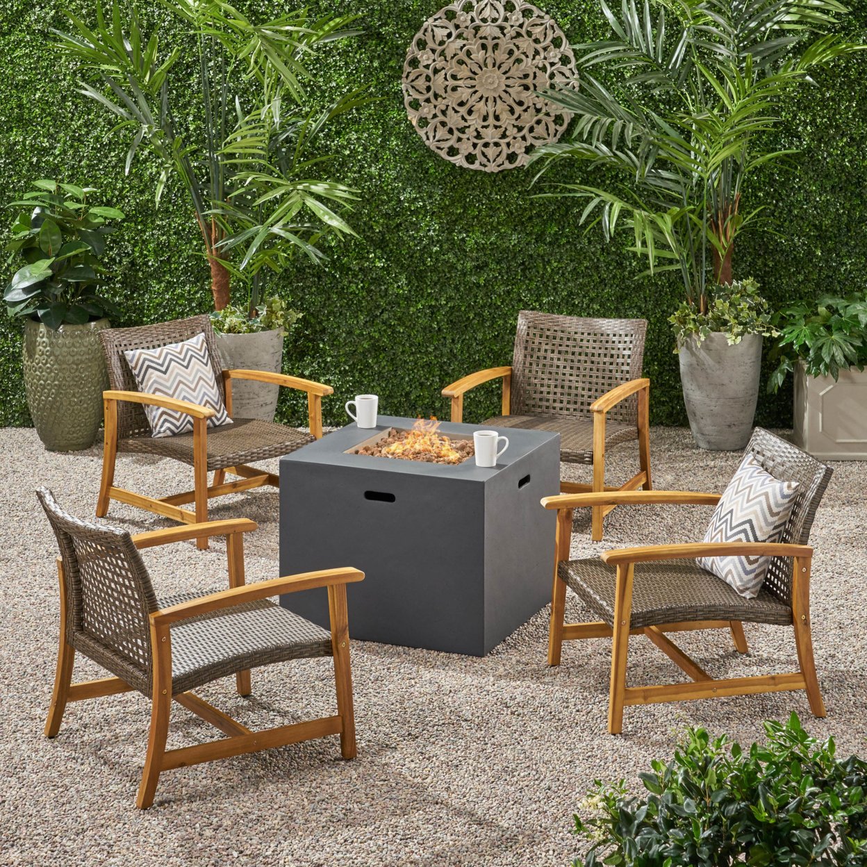 Carry Outdoor 5 Piece Wood And Wicker Club Chairs And Fire Pit Set - Mixed Mocha, Natural Finish, Dark Gray