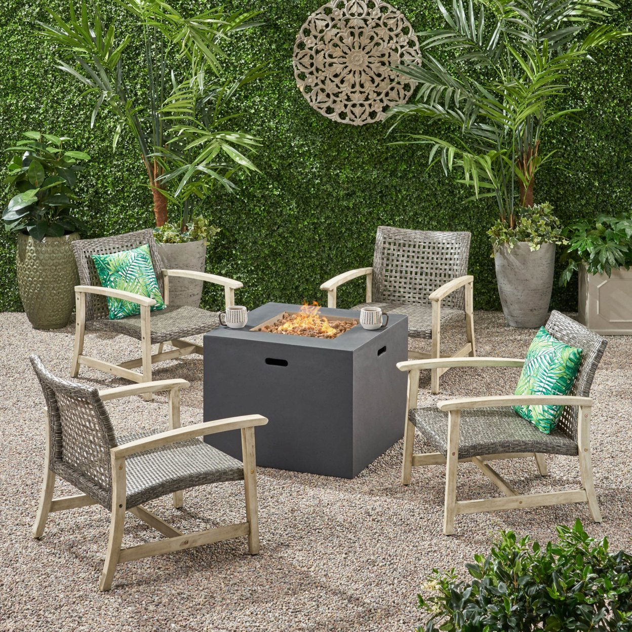 Carry Outdoor 5 Piece Wood And Wicker Club Chairs And Fire Pit Set - Mixed Black, Light Gray Washed Finish, Dark Gray