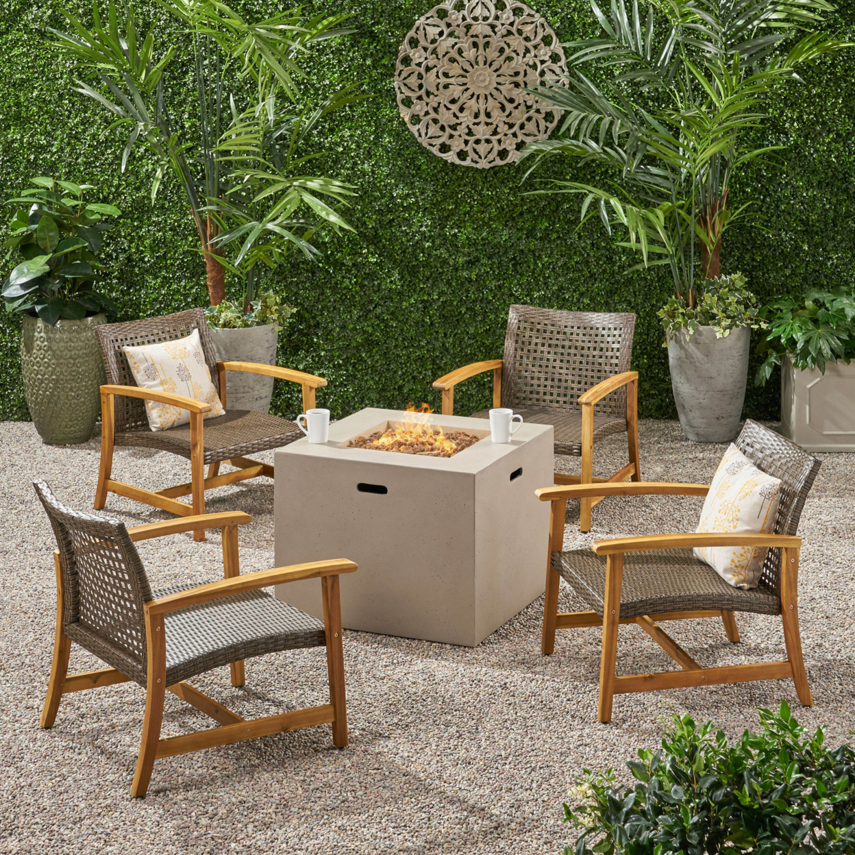 Debra Outdoor 5 Piece Wood And Wicker Club Chairs And Fire Pit Set - Mixed Mocha, Natural Finish, Light Gray