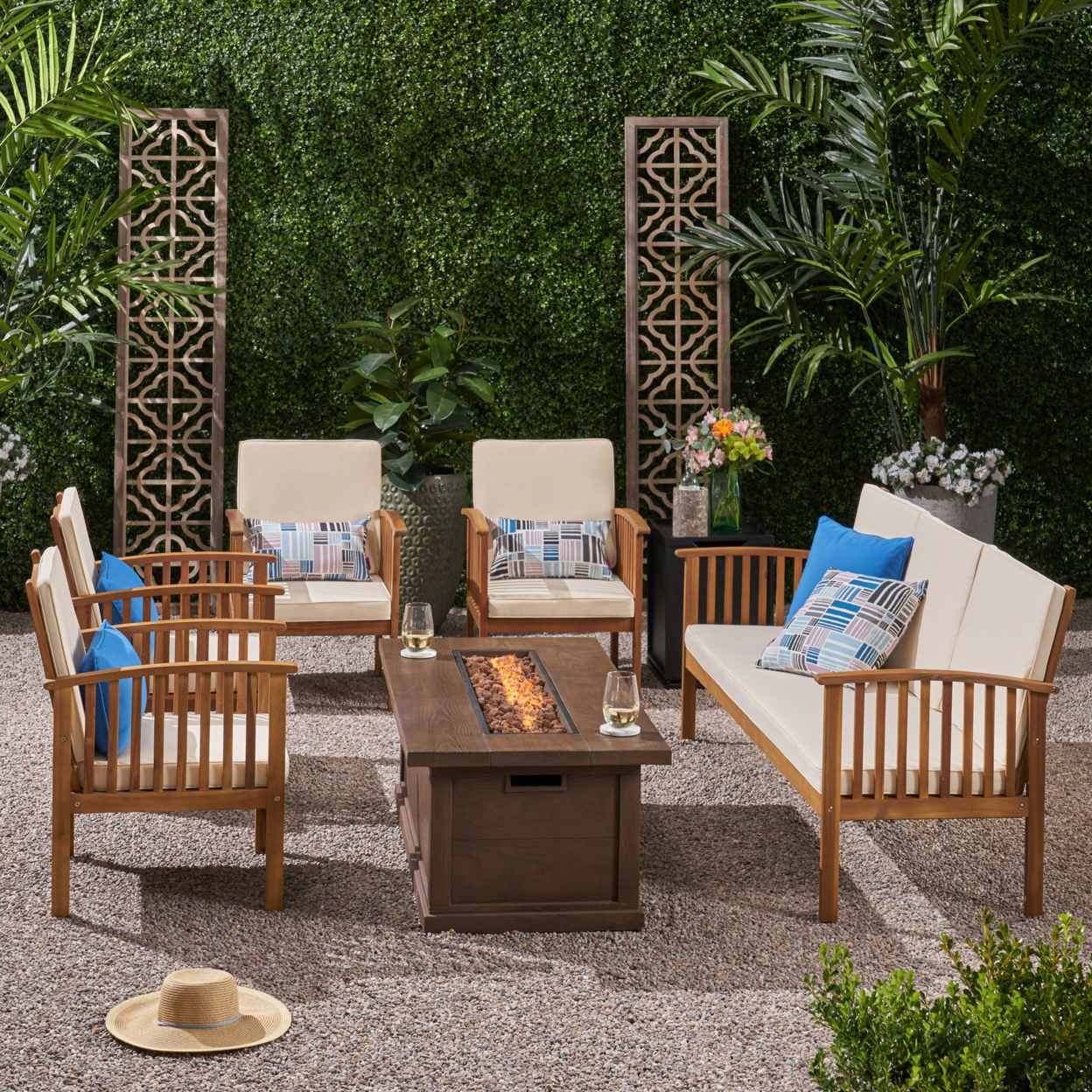 Suzanne Sophia Outdoor 7 Piece Acacia Wood Chat Set With Fire Pit - Teak Finish, Cream, Brown