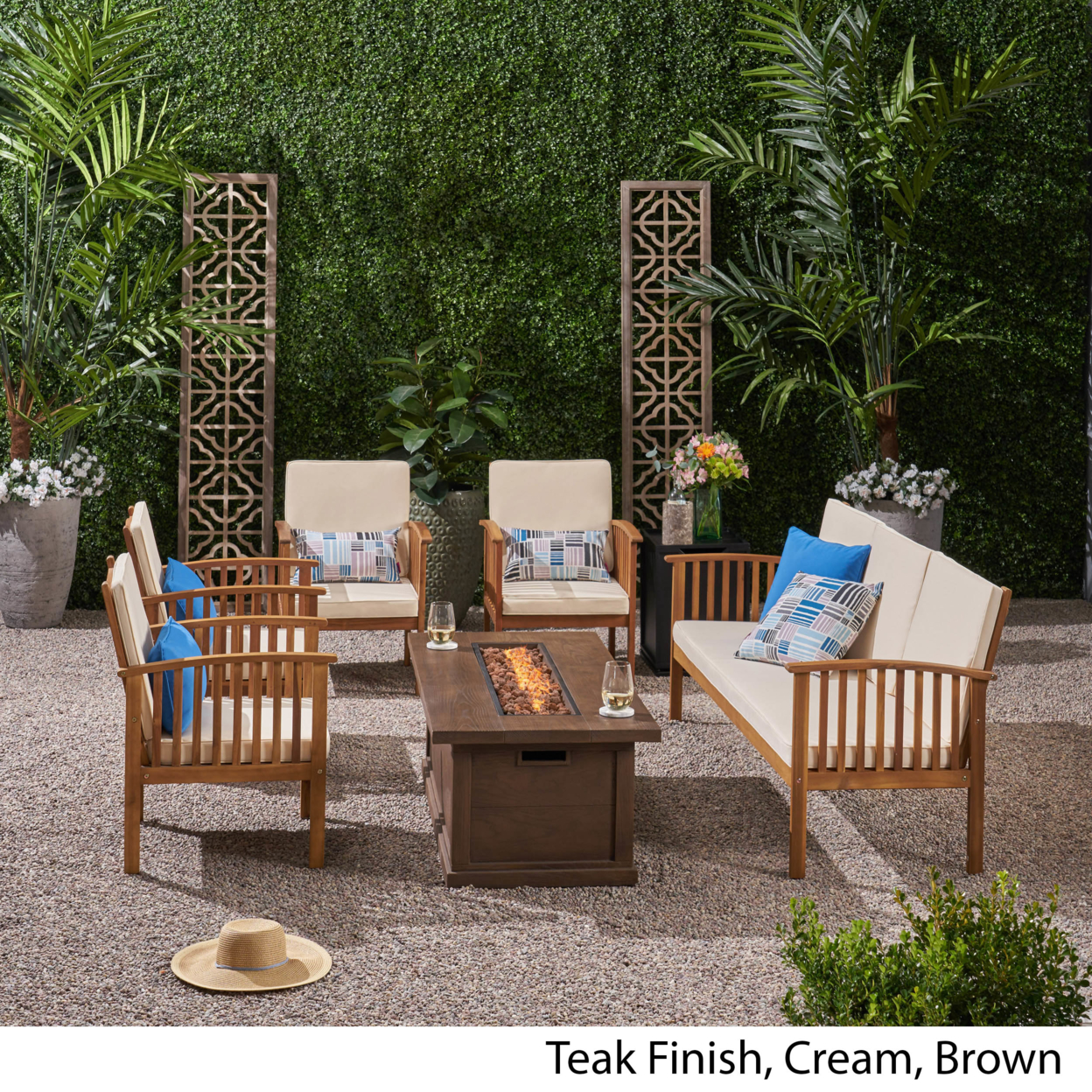Suzanne Sophia Outdoor 7 Piece Acacia Wood Chat Set With Fire Pit - Gray Finish, Cream, Gray