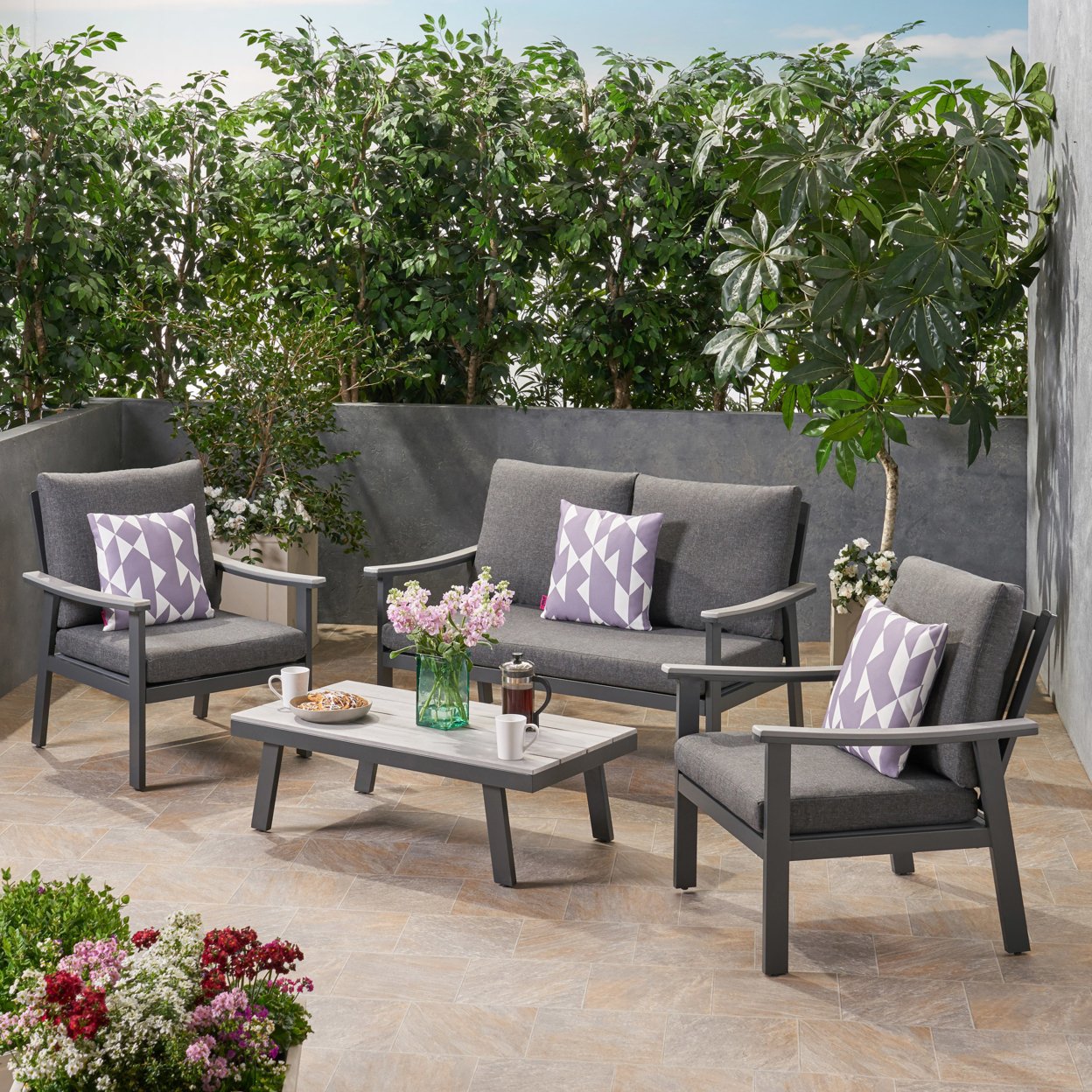 Agnes Outdoor 4 Piece Aluminum And Faux Wood Chat Set With Cushions - Gray, Dark Gray