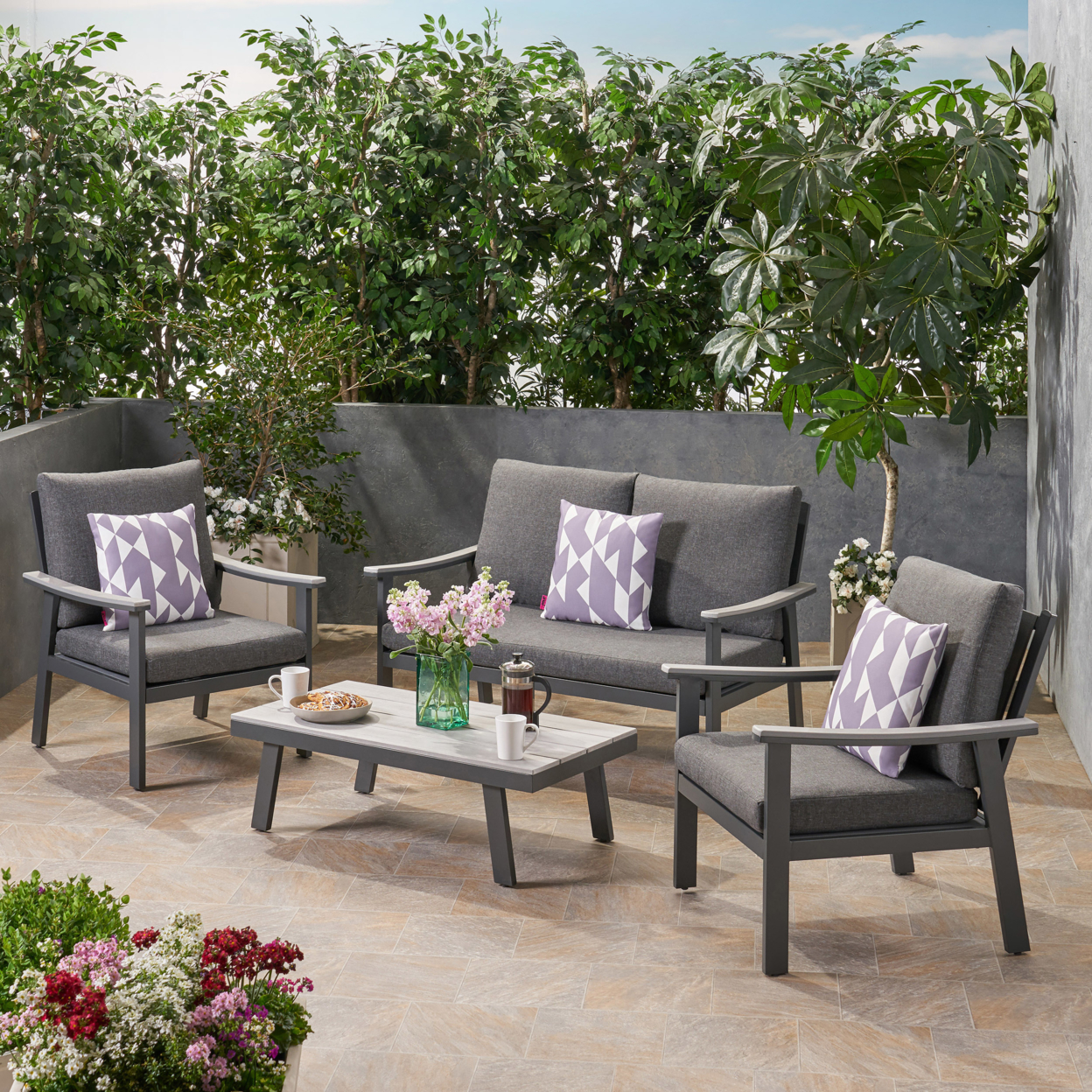 Agnes Outdoor 4 Piece Aluminum And Faux Wood Chat Set With Cushions - Gray, Natural Finish, Gray