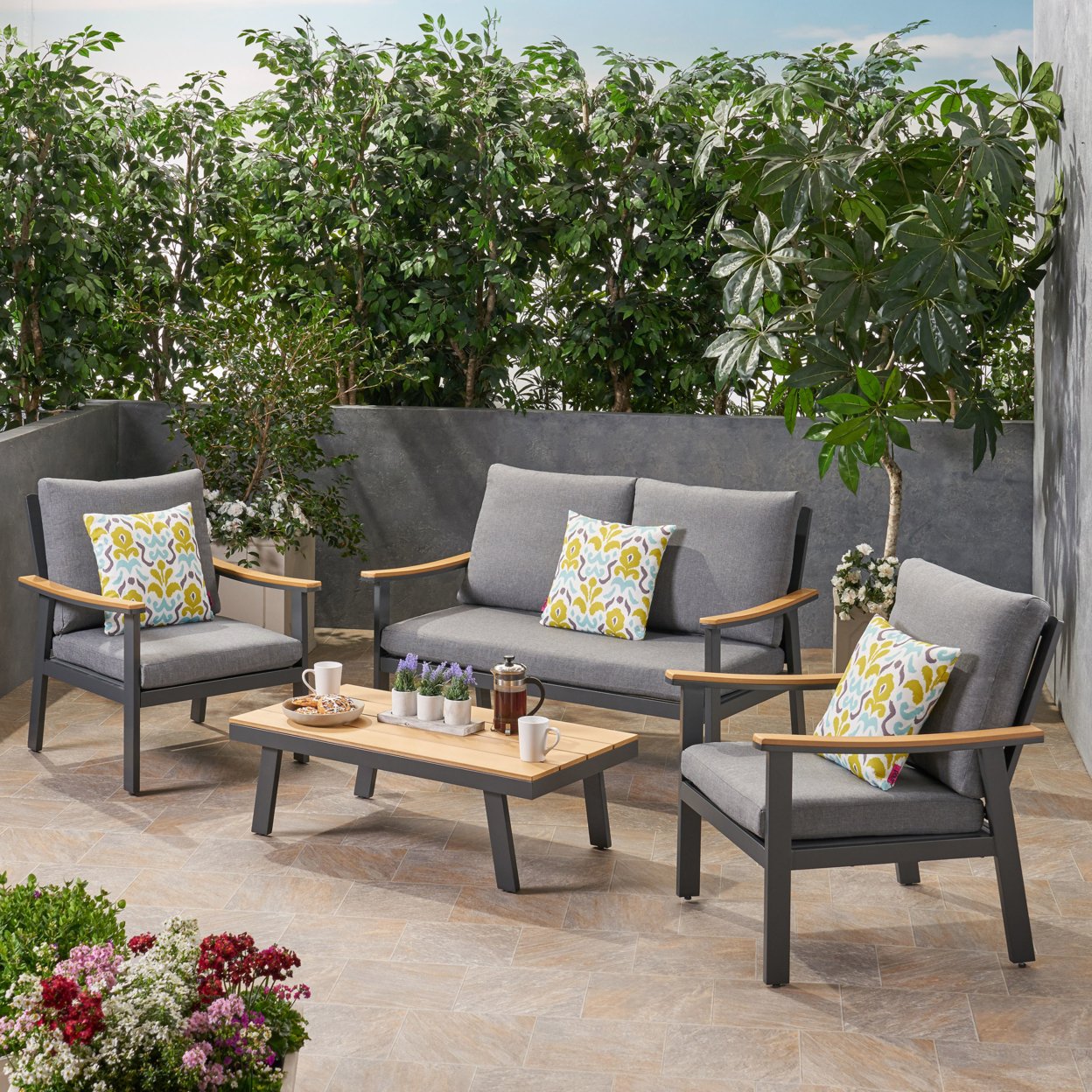 Agnes Outdoor 4 Piece Aluminum And Faux Wood Chat Set With Cushions - Gray, Dark Gray