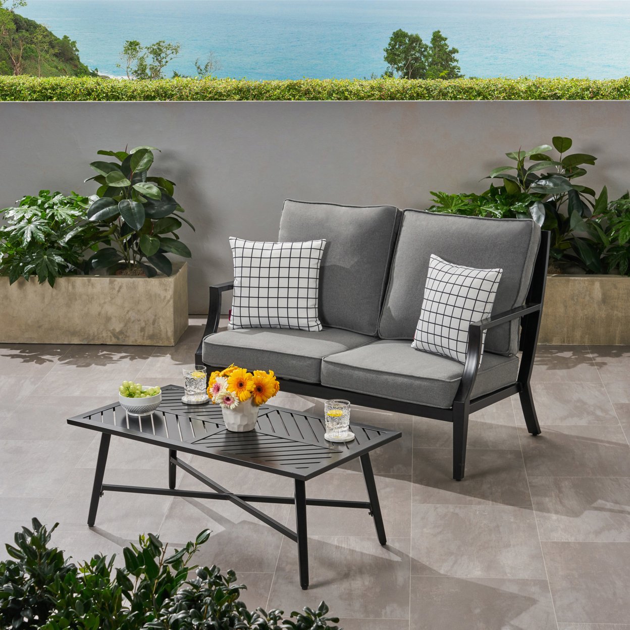 Belle Diego Outdoor Aluminum Loveseat And Coffee Table Set - Matte Black, Light Gray