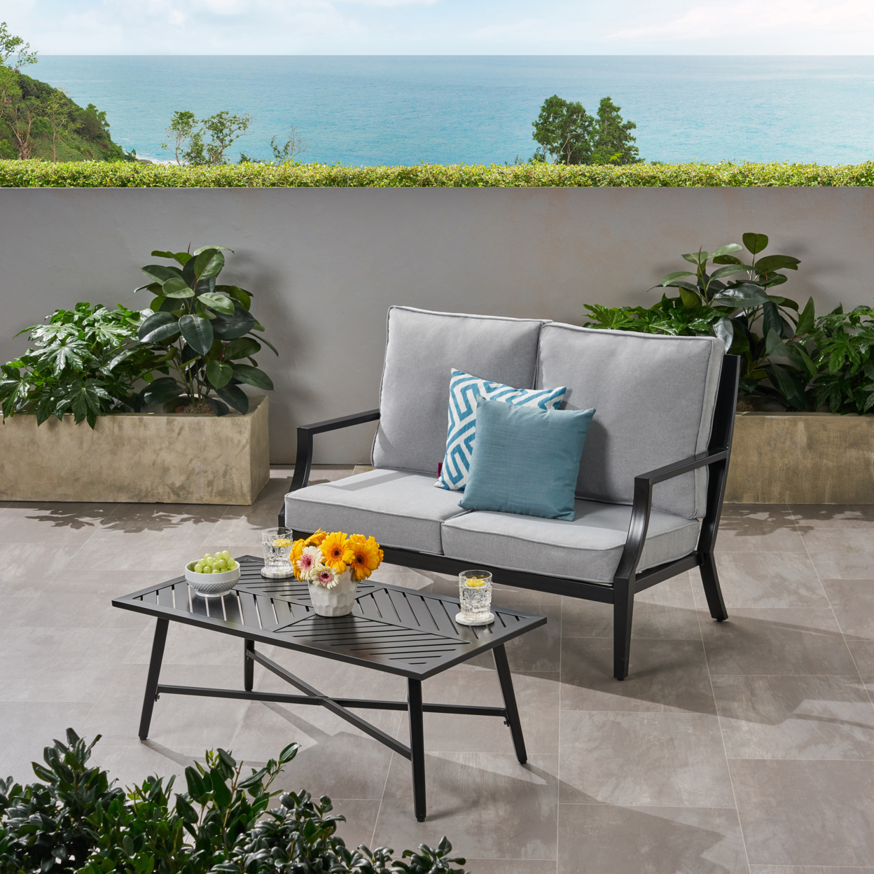 Belle Diego Outdoor Aluminum Loveseat And Coffee Table Set - Matte Black, Light Beige