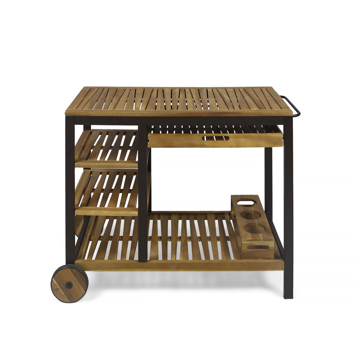 Ishtar Indoor Wood And Iron Bar Cart With Drawers And Wine Bottle Holders