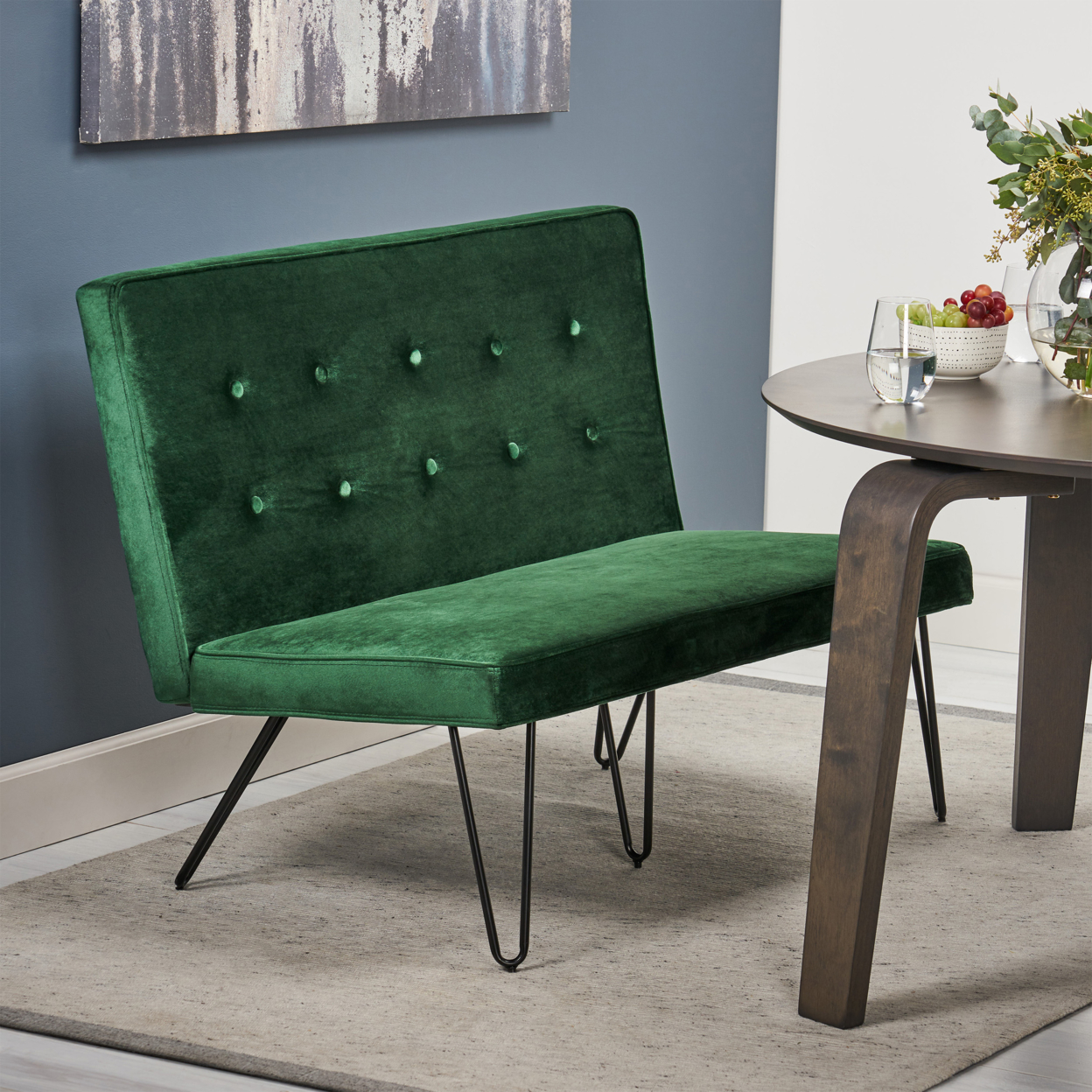 Beatrice Minimalist Dining Bench Settee With Tufted Velvet Cushion And Iron Legs - Cobalt And Black - Emerald, Black
