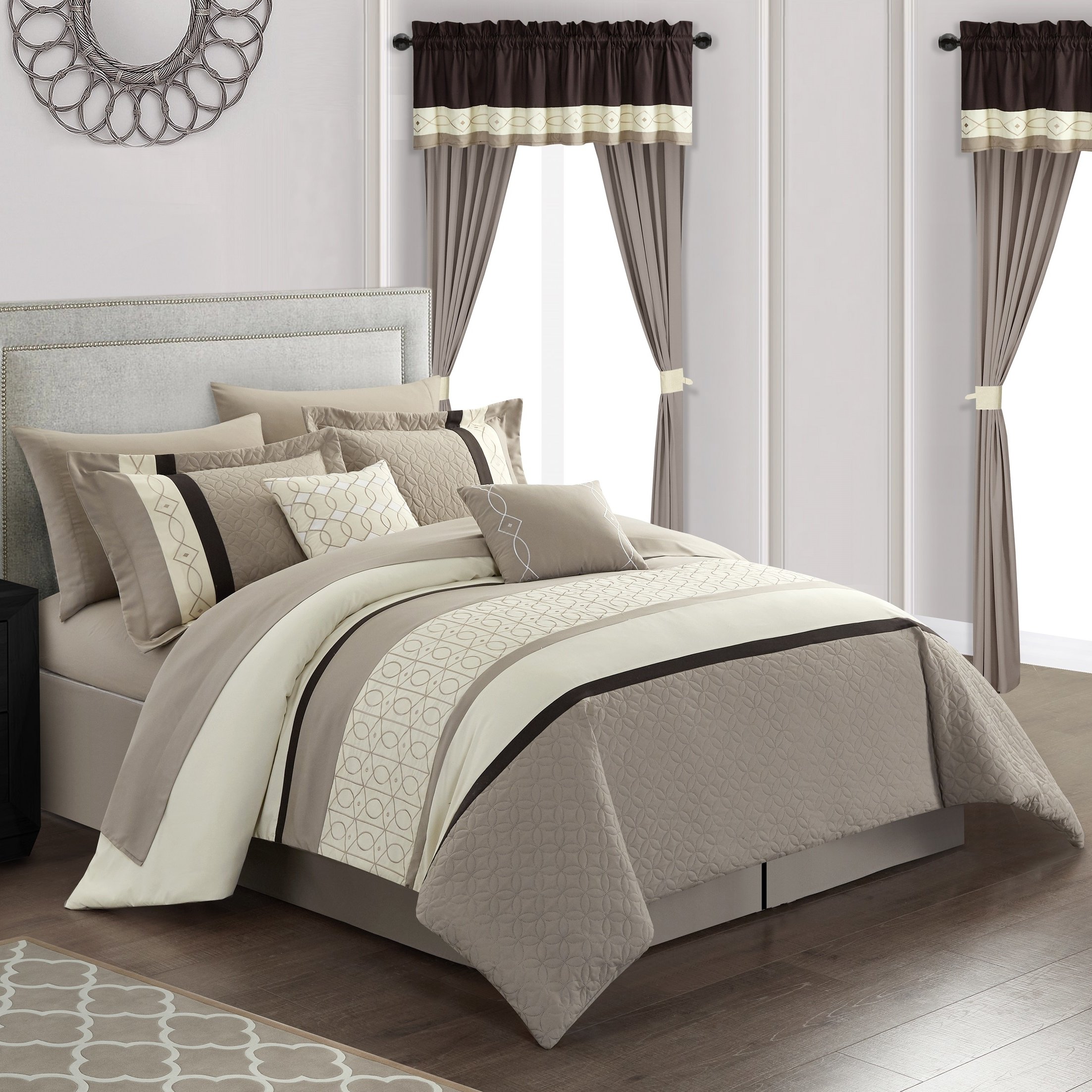 Katrein 20 Piece Comforter Set Color Block Geometric Embroidered Bed in a Bag Bedding - beige, queen