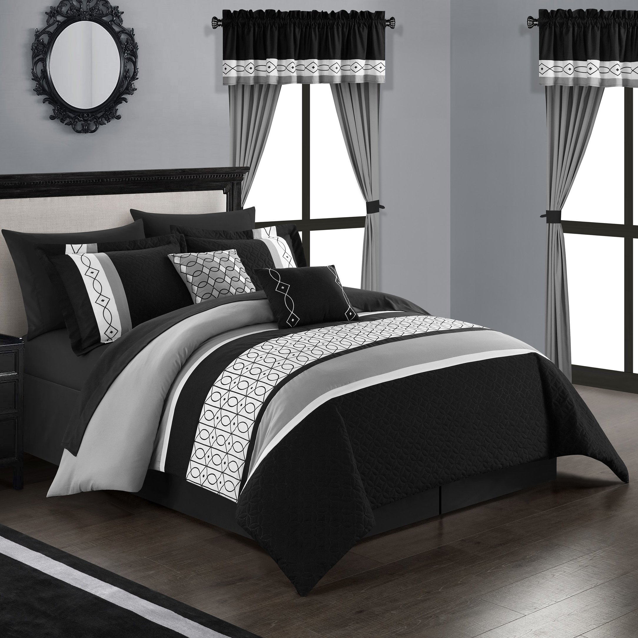 Katrein 20 Piece Comforter Set Color Block Geometric Embroidered Bed in a Bag Bedding - black, queen