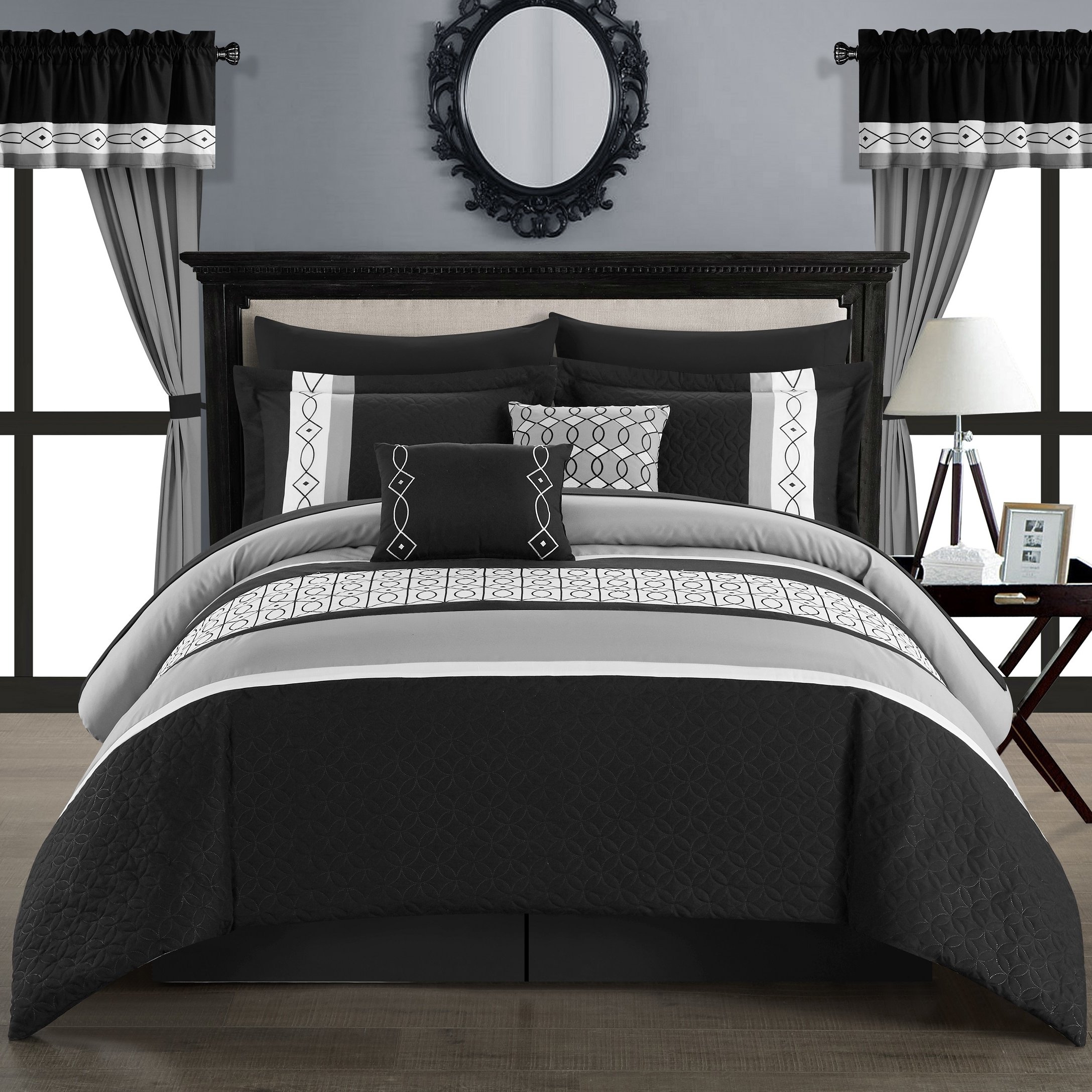 Katrein 20 Piece Comforter Set Color Block Geometric Embroidered Bed in a Bag Bedding - black, king
