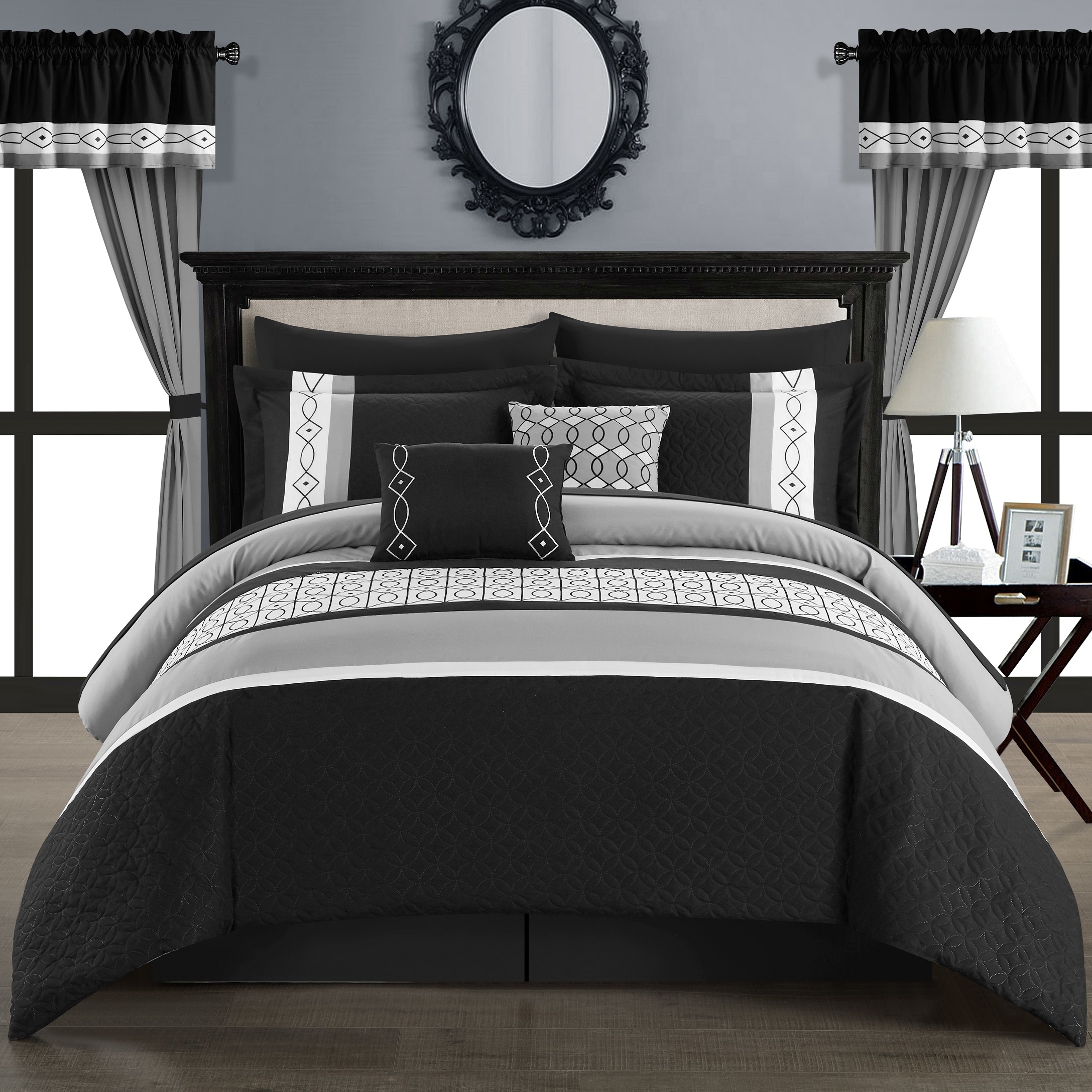 Katrein 20 Piece Comforter Set Color Block Geometric Embroidered Bed In A Bag Bedding - Black, Queen