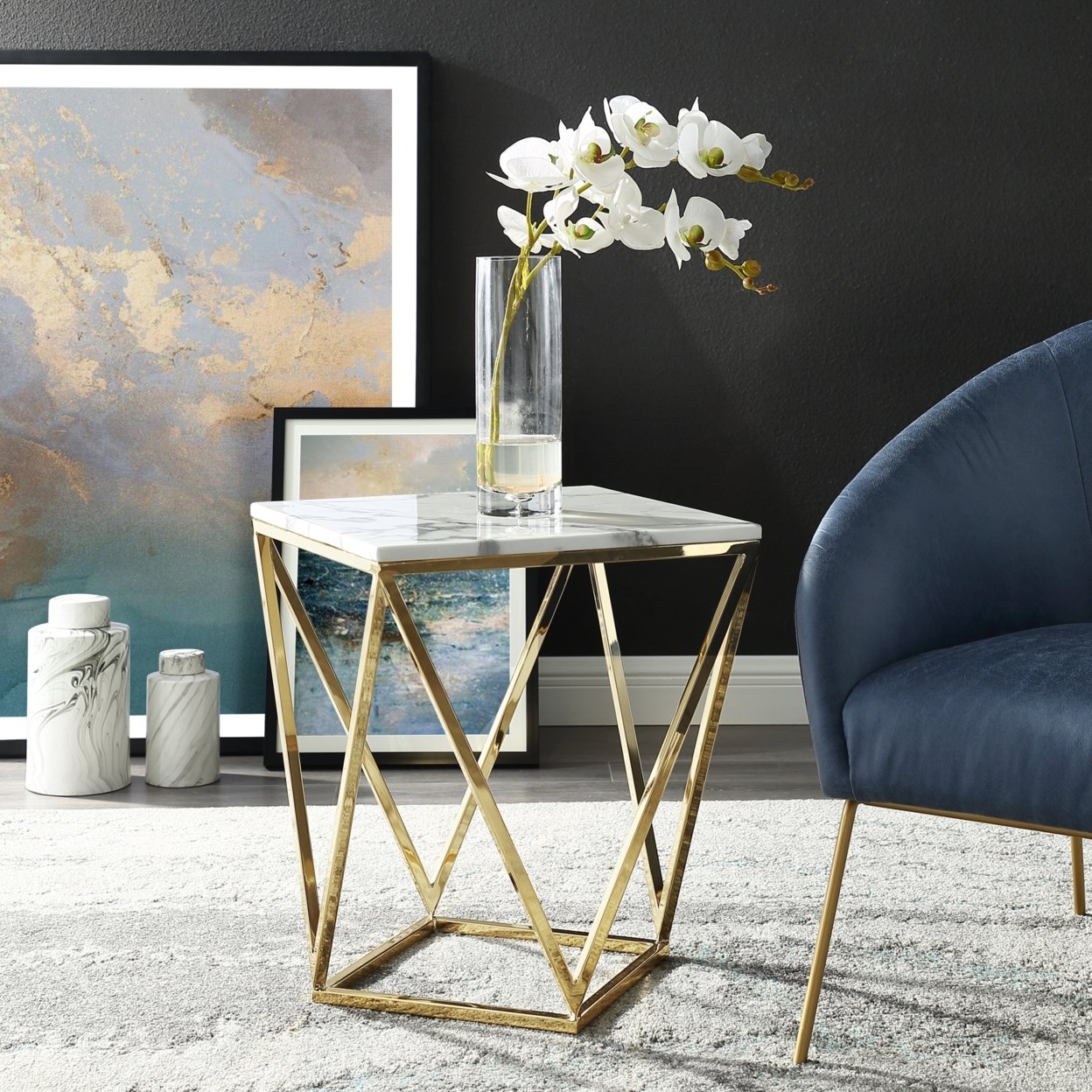 Jeremias Marble Coffee- End Table-Square-Metal Geometric Frame-Modern Design-Inspired Home - White/gold, End