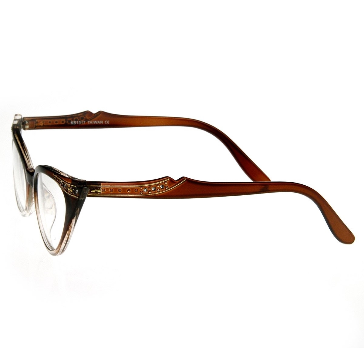 Womens Retro Fashion Clear Lens Cat Eye Glasses With Rhinestones - Brown
