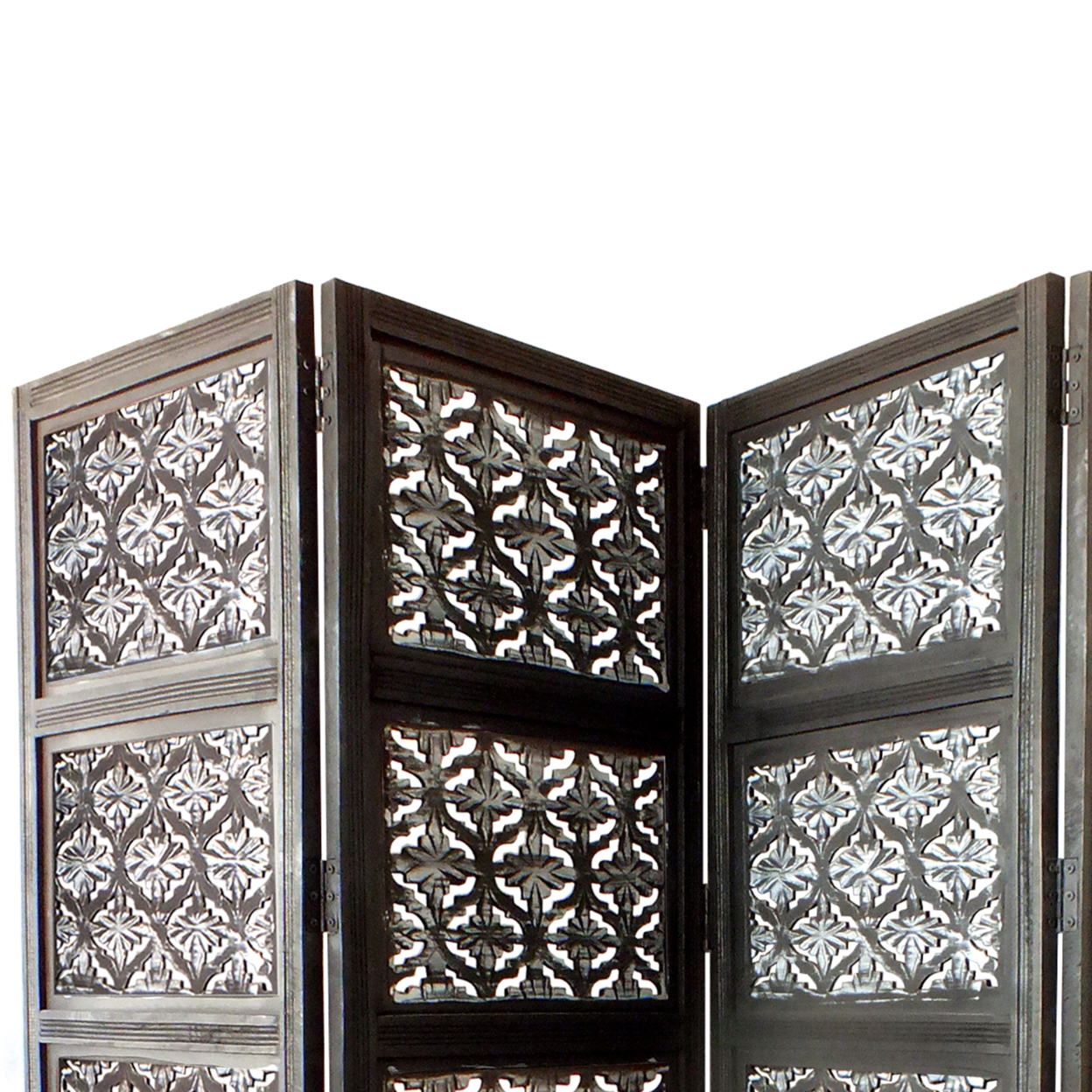 Four Panel Mango Wood Room Divider With Traditional Carvings, Black And White- Saltoro Sherpi