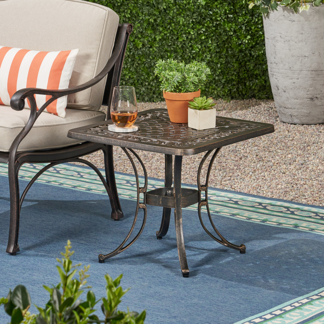 Monica Outdoor Cast Aluminum Side Table With Woven Floral Border - Antique Copper Finish