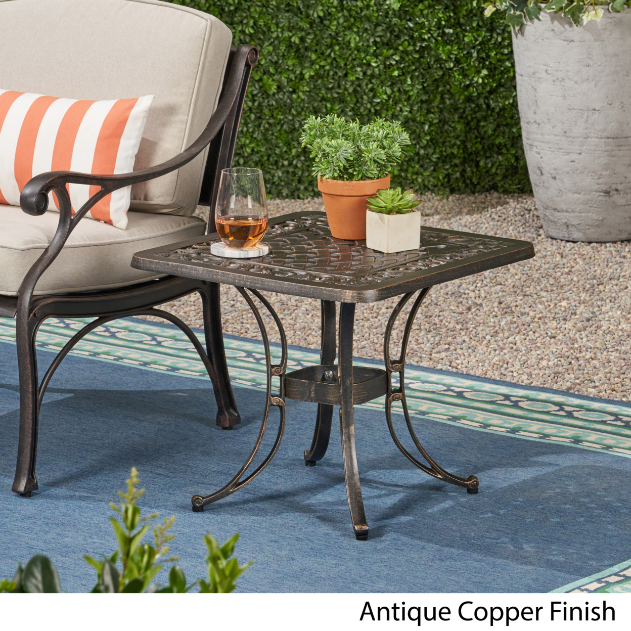 Monica Outdoor Cast Aluminum Side Table With Woven Floral Border - Antique Copper Finish