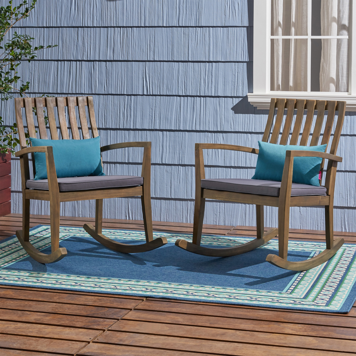 Colmena Outdoor Acacia Wood Rocking Chair With Cushions (Set Of 2) - Gray Finish + Dark Gray