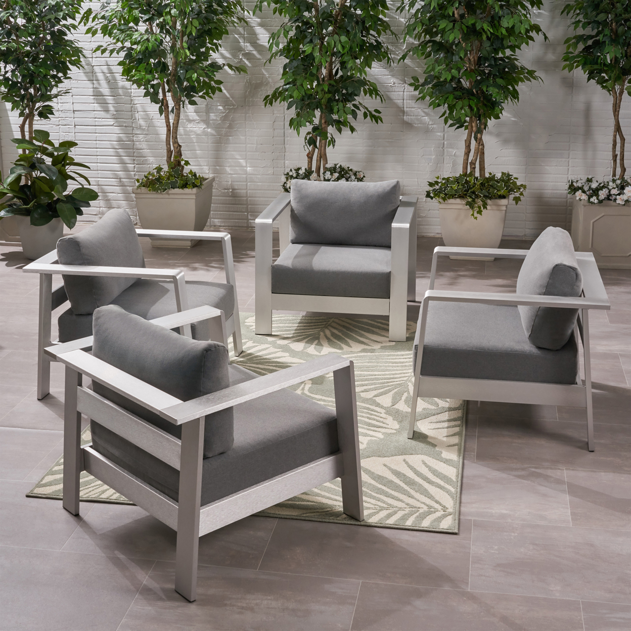 Sindy Outdoor Aluminum Club Chairs With Cushions (Set Of 4) - Silver + Gray