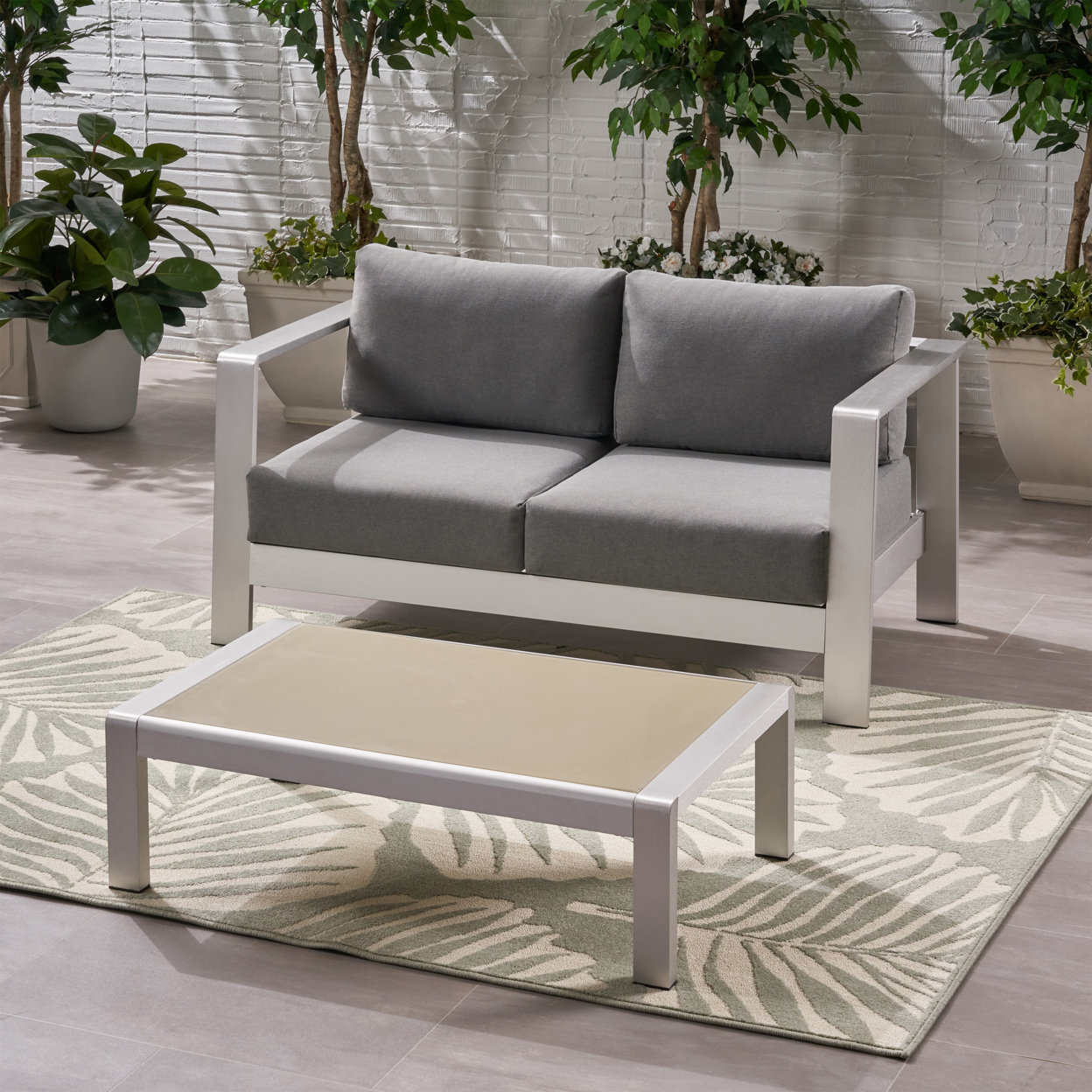 Sindy Outdoor Aluminum Club Chair And Coffee Table Set With Cushions - Silver + Gray