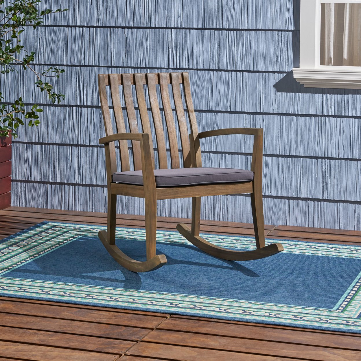 Muriel Outdoor Acacia Wood Rustic Style Rocking Chair With Cushions - Teak Finish + Dark Gray Cushion