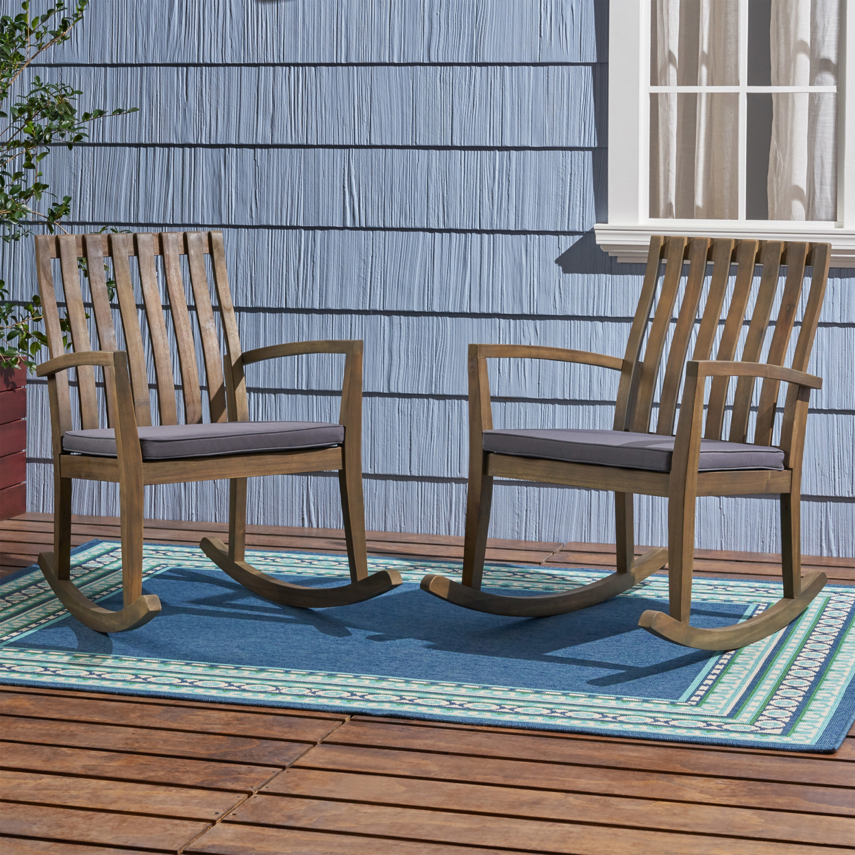 Colmena Outdoor Acacia Wood Rocking Chair With Cushions (Set Of 2) - Teak Finish + Dark Gray Cushion