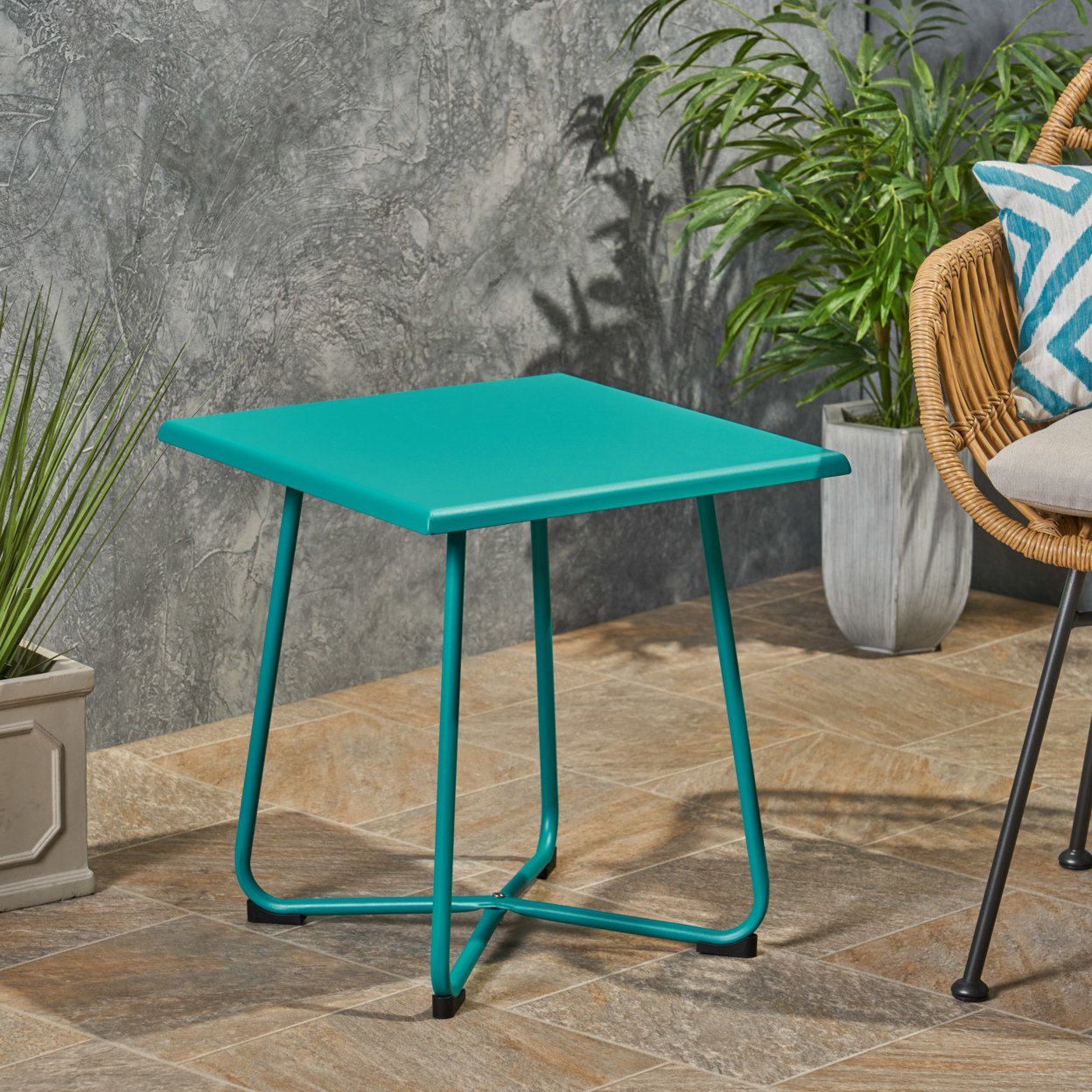 Terry Outdoor Modern 18 Side Table With Steel Legs - Teal