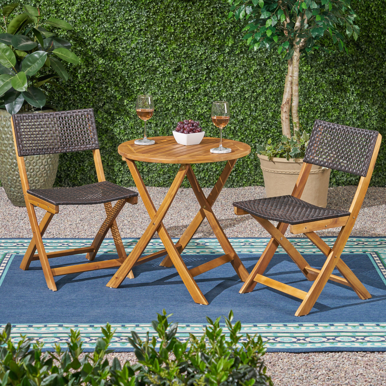 Ida Outdoor Acacia Wood Wicker Foldable Bistro Set With Chairs And Table - Teak Finish + Brown