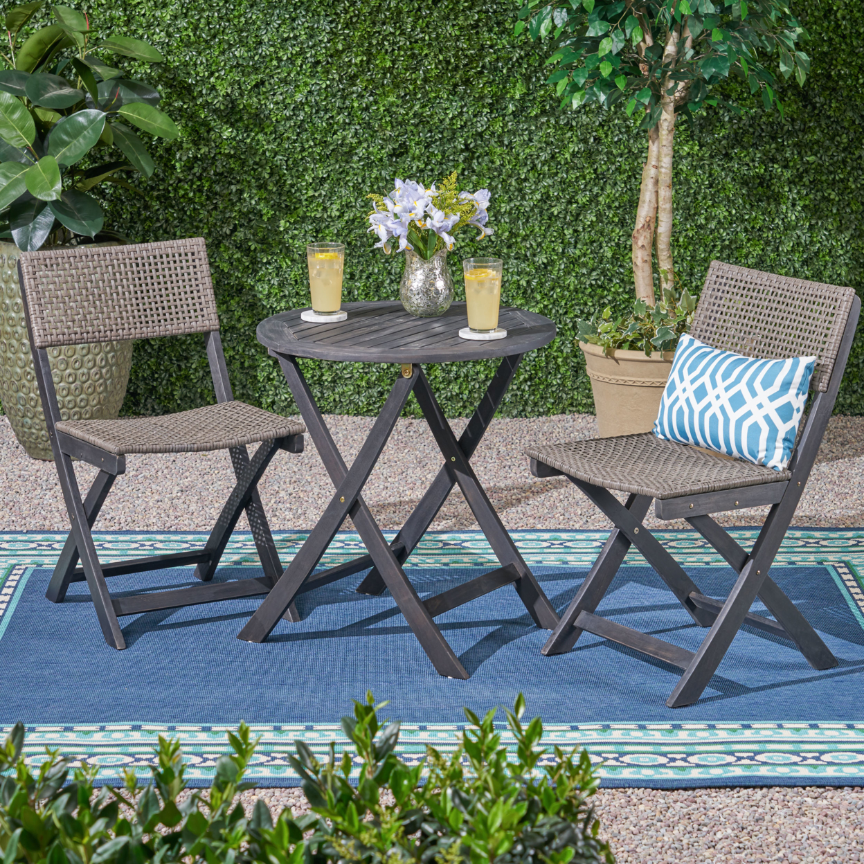 Ida Outdoor Acacia Wood Wicker Foldable Bistro Set With Chairs And Table - Dark Gray + Brown Wicker