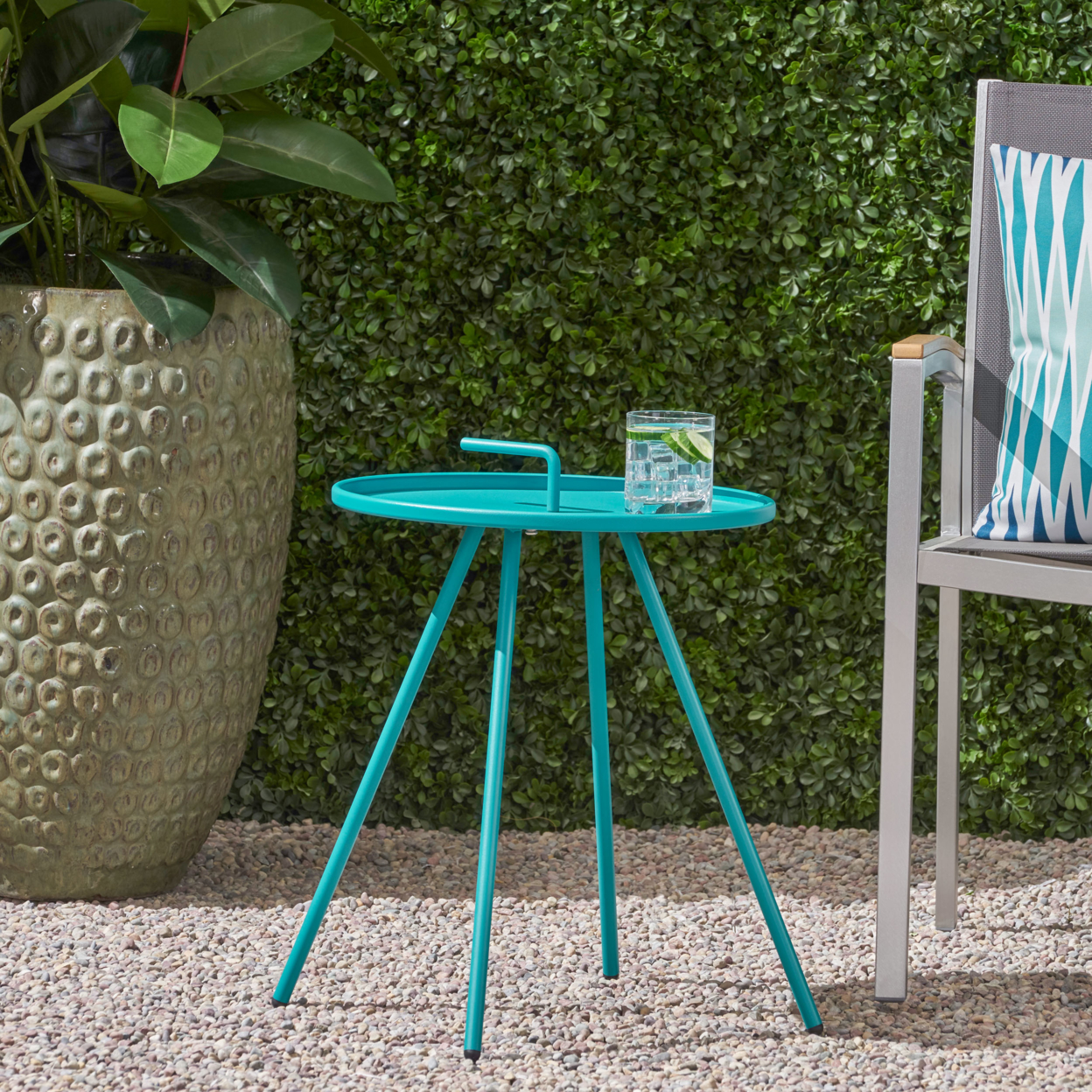 Fiona Outdoor Modern 16.5 Side Table With Steel Legs - Teal