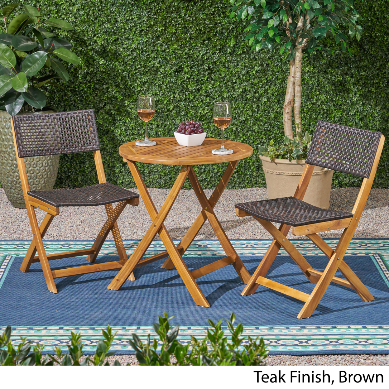 Ida Outdoor Acacia Wood Wicker Foldable Bistro Set With Chairs And Table - Dark Gray + Brown Wicker