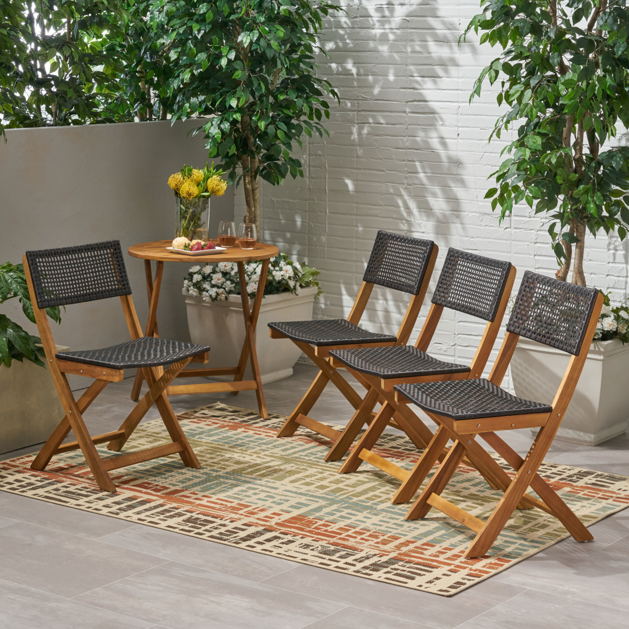 Ida Outdoor Acacia Wood Foldable Bistro Chairs With Wicker Seating (Set Of 4) - Teak Finish + Brown Wicker