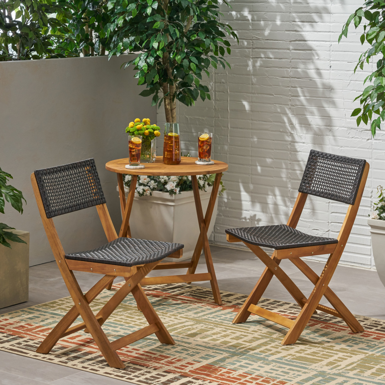Ida Outdoor Acacia Wood Foldable Bistro Chairs With Wicker Seating (Set Of 2) - Teak Finish + Brown Wicker