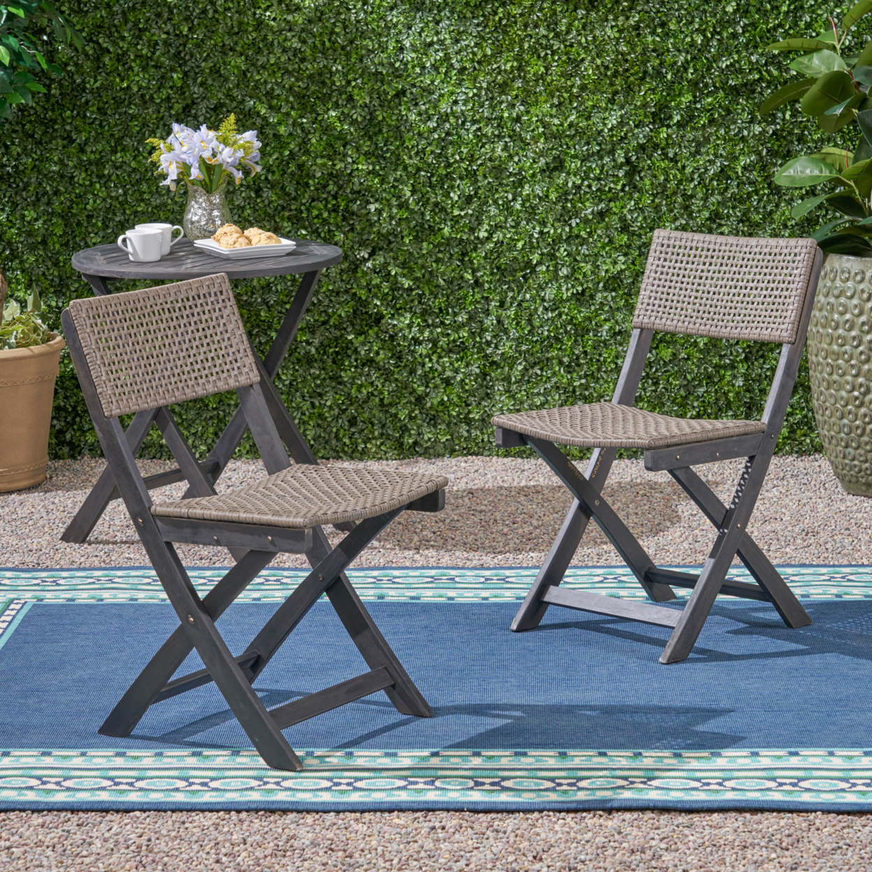 Ida Outdoor Acacia Wood Foldable Bistro Chairs With Wicker Seating (Set Of 2) - Dark Gray + Brown Wicker